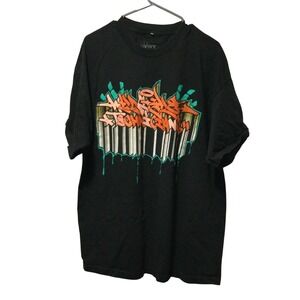 VIVID GRAFFITI ART T SHIRT XL BLACK ORANGE TEAL DRIPPING‎ STREETWEAR